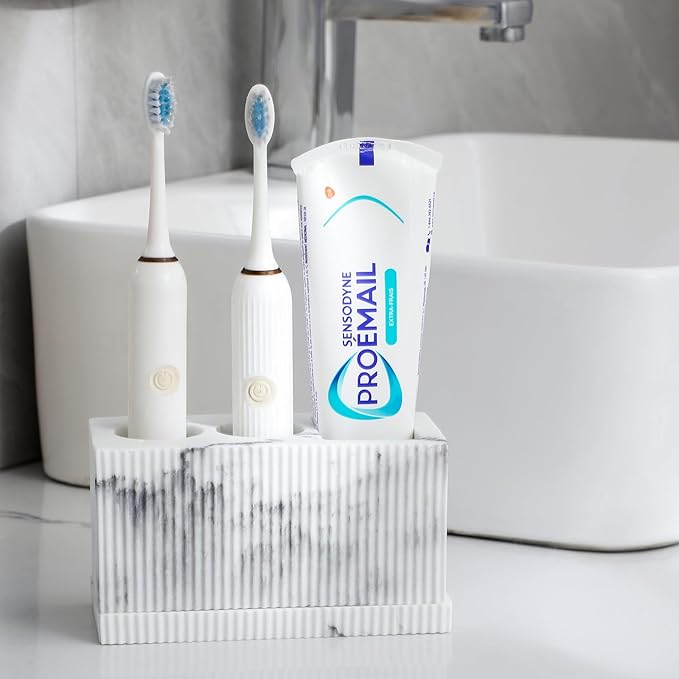 rejomiik Toothbrush Holders for Bathroom Countertop, 3 Slots Electric Tooth Brushing Storage Organizer Stand for Toiletries and Beauty Accessories, Toothpaste, Razor, Marble White