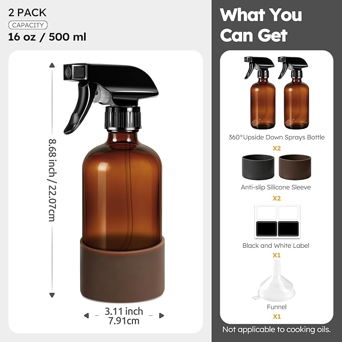 Tecohouse 2 Pack 360° Amber Glass Spray Bottles with Silicone Sleeve, 16 oz Empty Refillable Containers with Adjustable Spray Nozzles, Dark Spray Bottles for Cleaning Solutions, Plants (Black & Brown)
