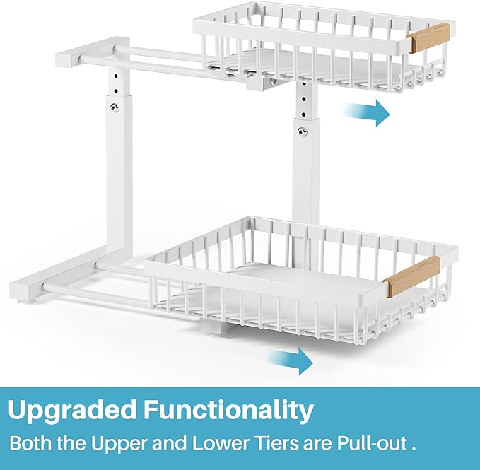 Jusdyrack 2 Packs Under Sink Organizer,Small Shelf for narrow spaces,2 Tiers Pull Out Under Cabinet Organizer,Adjustable Height,Slide Out Thickened Metal Under,White