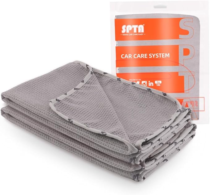SPTA Microfiber Drying Towel, 2 PCs Car Wash Drying Towel, Waffle-Weave Highly Absorbent, Scratch Free,Big Cleaning Cloth Towel for Auto Detailing, 380GSM, 25.2 x 34.3 inch, Grey-MT033
