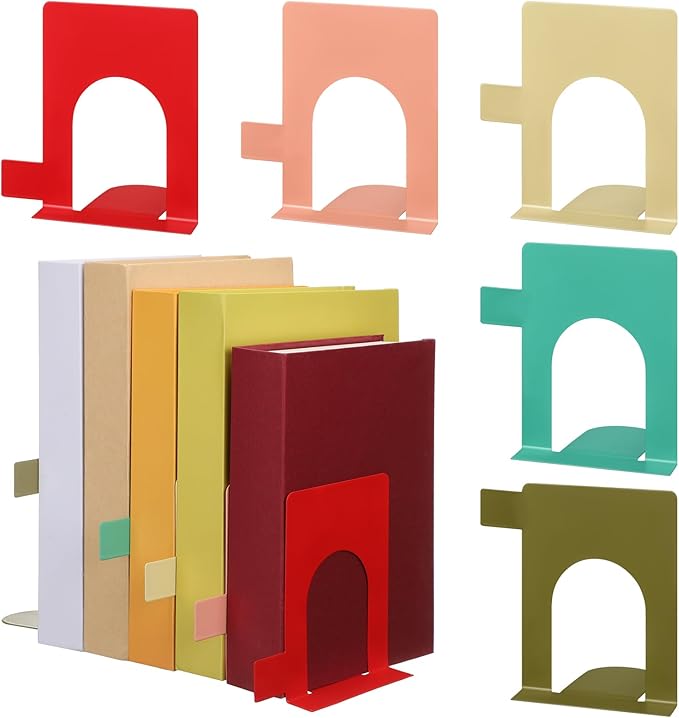 5 Set Metal Book Ends for Shelves Book Shelf Dividers Library Shelf Marker Bookends Stopper Colorful Office Stand Holder for Heavy Books Desk Home Movies Kitchen Cds(Boho)