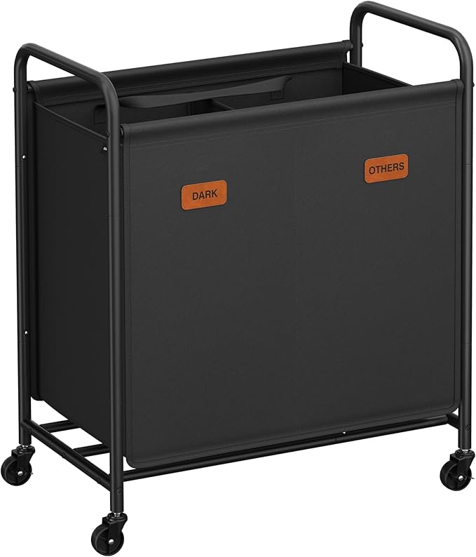 SONGMICS 2-Section Laundry Sorter, Laundry Hamper with Wheels, Rolling Clothes Hamper Cart with Large Capacity and Removable Bags, for Laundry Room, Bedroom, Bathroom, Ink Black URLS210B01