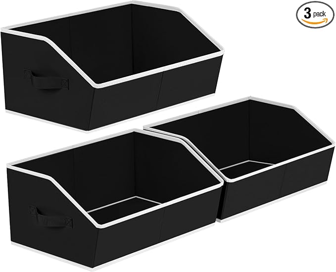 Trapezoid Closet Shelf Organizer - Large Baskets for Organizing, Fabric Storage Cubes for Shelves, Storag Organizers Bins for Clothes, Blankets, 3 Pack, Black