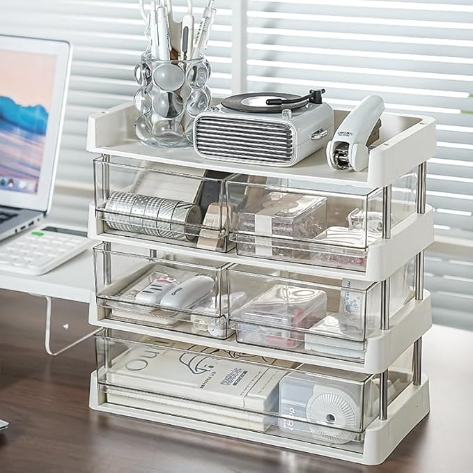 Modular Drawer Organizer, Stackable 3 Trays Come with 3 Drawers box for Tea Bags, Coffee Pods, Spices, Makeup, Office Supplies, Snacks, 12.7x6.7x8.7 inches Countertop Drawer Organizer