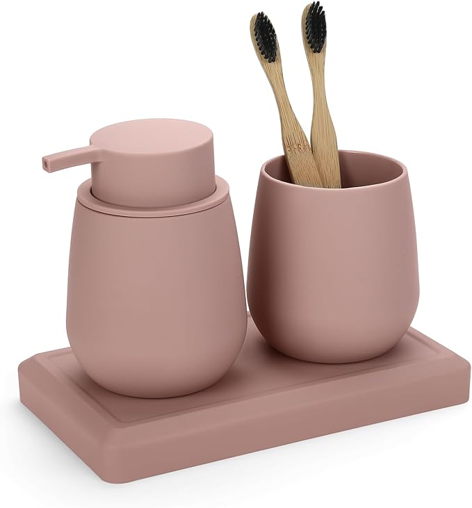 Bathroom Accessories Set, Modern 3 Pcs Bathroom Essentials - Soap Dispenser, Toothbrush Holder & Tray, Countertop Vanity Organizer (Pink)