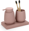 Bathroom Accessories Set, Modern 3 Pcs Bathroom Essentials - Soap Dispenser, Toothbrush Holder & Tray, Countertop Vanity Organizer (Pink)