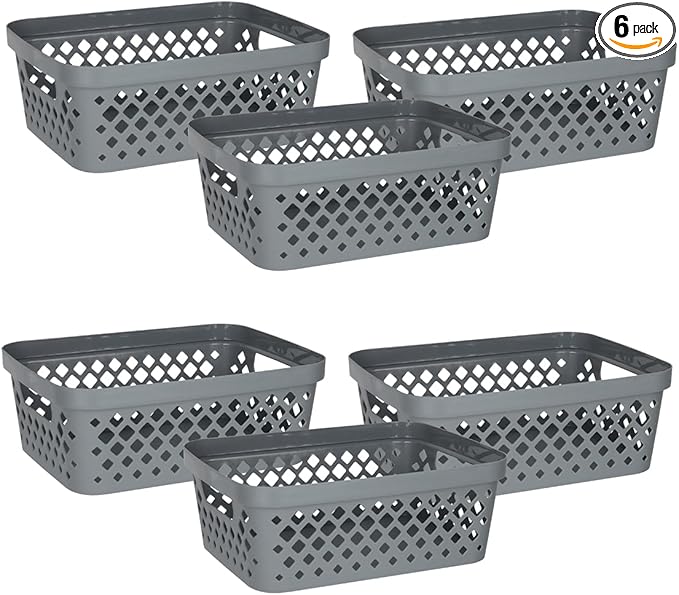 Glad Plastic Storage Basket Set, Value Pack of 6 | Open Storage Bins for Shelves, Bathroom, Pantry, Closet | Nesting Organizer Boxes with Handles, 2 Gallon, Grey