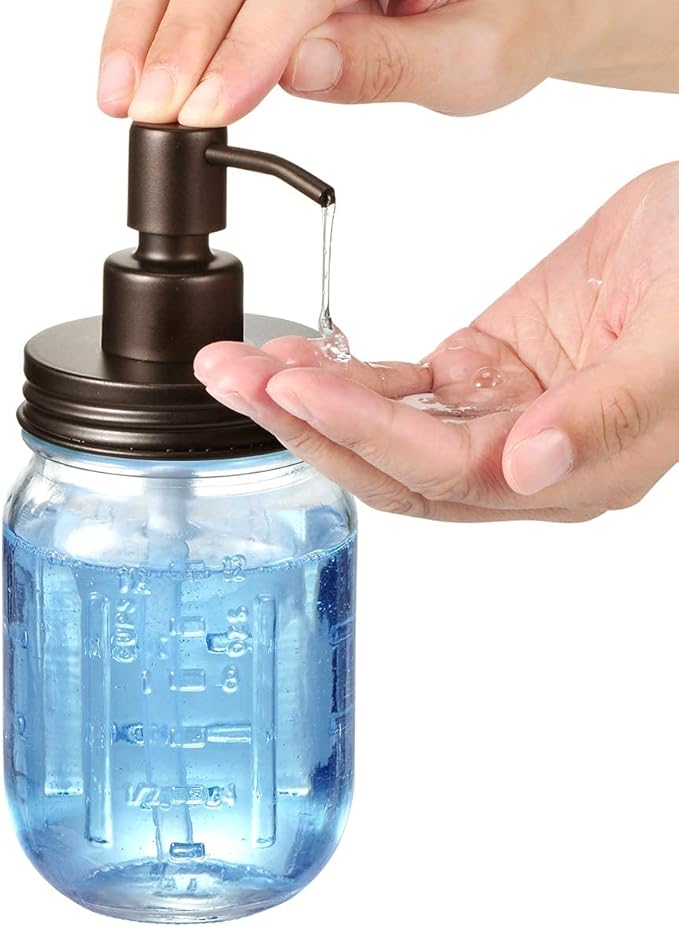 Amolliar Mason Jar Liquid Soap Dispensers, Rustproof Stainless Steel Mason Jar Lid Pump, Refill Hand Soap, Lotions, Dish Soap, Liquid Soap, Bath Soap, Farmhouse Decor for Bathroom, Kitchen 2PC(Bronze)