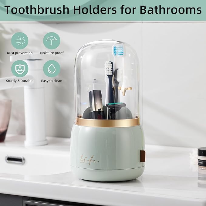 CLOKTA Toothbrush Holders for Bathrooms, Rotating 7 Slots Electric Toothbrush Holders with Cover, Countertop Toothpaste Organizers (Light Green)