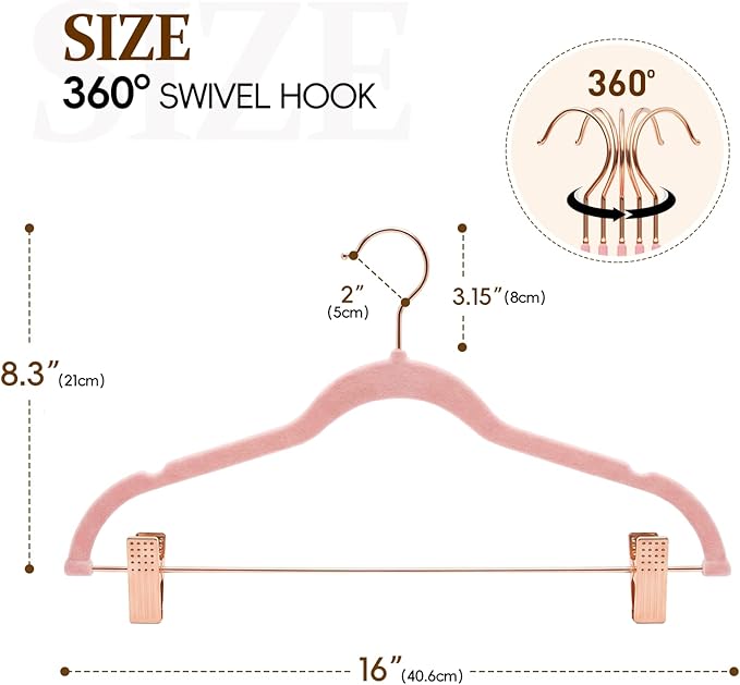 Velvet Hangers with Adjustable Clips 25 Pack, Space Saving, Non-Slip Slim Felt Clothes Hangers for Pants, Skirts, Dress, Suits, Heavy Duty Rose Gold Metal Hanger with 360° Swivel Hook (Pink)