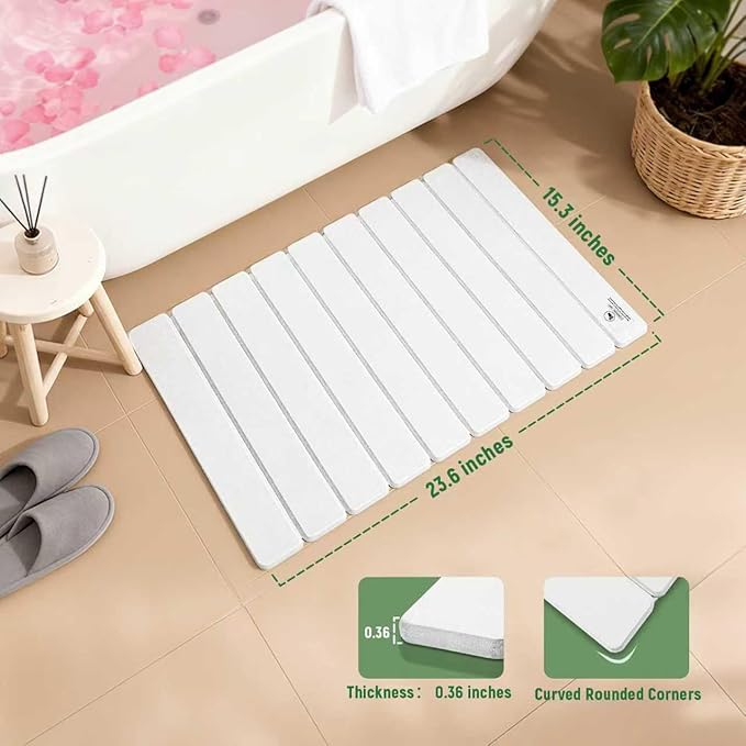 BeeChip Stone Bath Mat for Water Absorption, Foldable Diatomite Stone Mat, Non-Slip & Quick-Drying White Square Bath Mat with Modern Minimalist Style, Easy to Clean, for Bathroom/Kitchen/Hallway