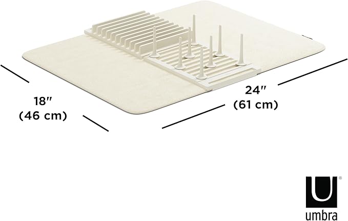 Umbra Udry Dish Rack with Movable Pegs and Microfiber Drying Mat – Space-Saving Design Folds Up for Easy Storage, Basic Rack, Linen
