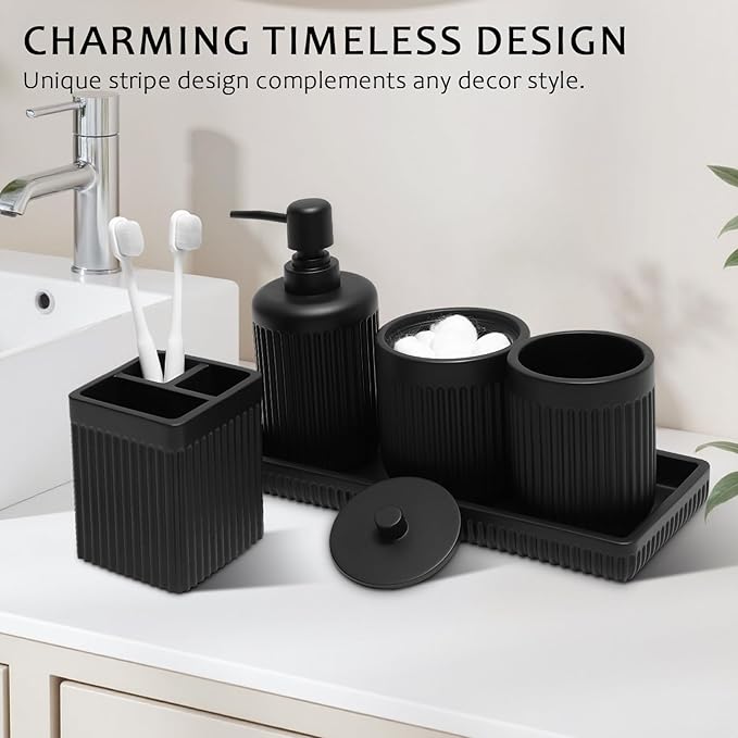 Matte Black Bathroom Sets with Shower Curtain and Rugs, 8-Piece Resin Bathroom Accessories Sets Complete, Soap Dispenser, Toothbrush Holder, Tumbler, Tray & Apothecary Jars Bathroom Essentials