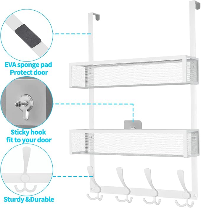 Kaiferty Over The Door Hooks Organizer,Coat Rack with 12 Hooks and 2 Mesh Baskets,Back of Door Storage Organizer for Bathroom,Bedroom,Kitchen,Office(White)