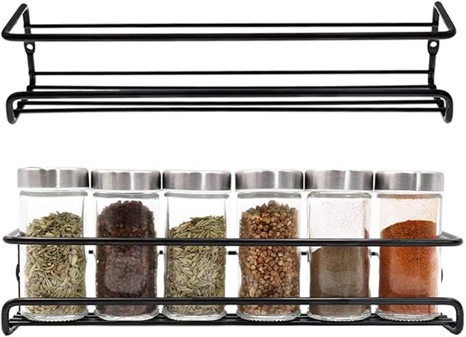 2Pcs Wall Mounted Kitchen Spice Rack Organizer – Adjustable Storage Shelves for Pantry Cabinet, Door, and Space Saving – Ideal for Family and Restaurant Use, Black