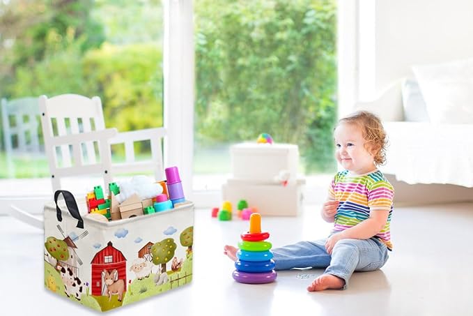 Rectangular Kids Baskets,Farm Baskets for Kids .Waterproof PE Coating Cute Basket with Handles.Boys Bins,Gifts Box,Books Basket. (Farm)
