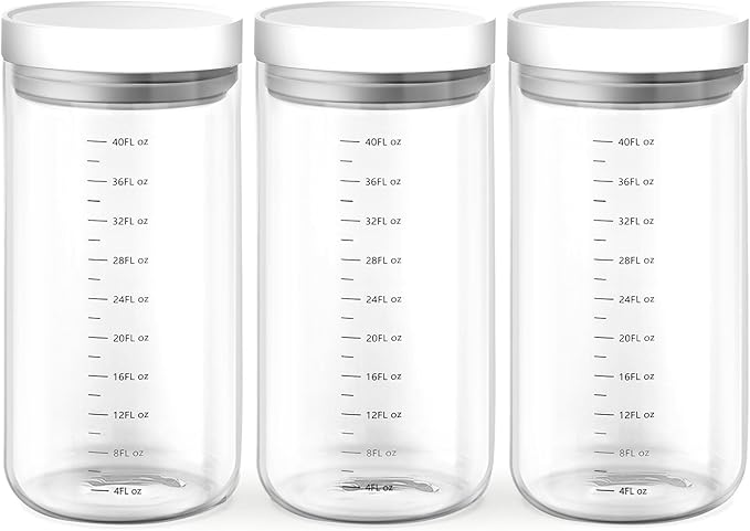 Danbark Set of 3 42oz Airtight Glass Storage Canisters with Lids - Pantry Organizers and Storage Glass for Kitchen - for Pantry, Flour, Sugar, Coffee, Tea, Pasta, Rice, and Snacks - White