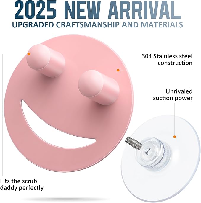 Stainless Steel Smiley Face Sponge Holder, Silver Sink Caddy Organizer Storage with Suction Cup for Kitchen, Kitchen Accessories Decor Scrubber-Pink