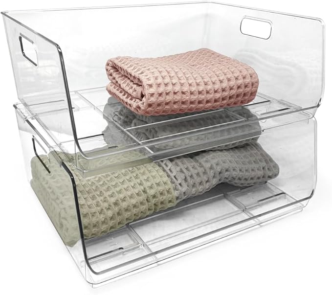 Isaac Jacobs 2-Piece (16" x 12" x 6.1") X-Large Wide Stackable Clear Storage Bins w/Open Front, Versatile Use, Set of 2, Desk, Office, Bathroom, Bedroom, Closet