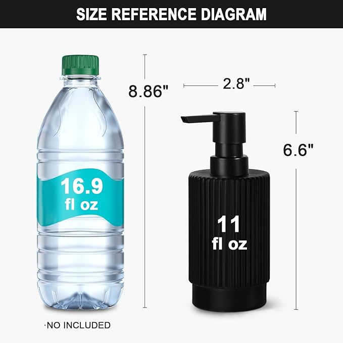 Black Soap Dispenser, 11 fl oz Hand Soap Dispensers for Bathroom, Matte Black Ribbed Glass Dish Soap Dispenser for Kitchen with Pump, Modern Refillable Liquid Soap Pump Bottle