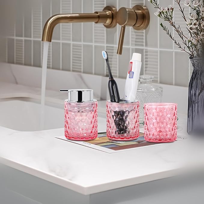 Bathroom Accessories Set, 3pcs Pink Glass Bathroom Accessory Set,Toothbrush Holder, Foaming Soap Dispenser and Tumbler, Silver Bathroom Decor Sets for Organizer, Home Apartment Gift