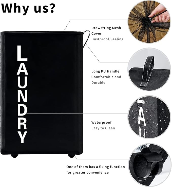 92L Extra Large Rolling Laundry Basket with Leather Handle,Tall Laundry Hamper on Wheels,Laundry Bin,Rolling Laundry Cart Black