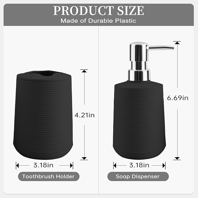 Bathroom Accessories Set 2 Piece, Matte Black Bathroom Accessories with Soap Dispenser and Toothbrush Holder, Striped Pattern Bathroom Set for Modern Bathroom Decor