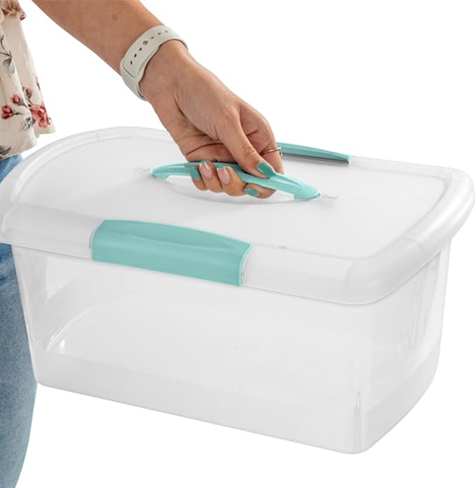 Sterilite Medium Nesting ShowOffs, Stackable Small Storage Bin with Latching Lid and Handle, Plastic Container to Organize Home, Clear, 18-Pack