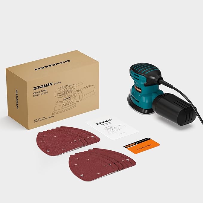 DOVAMAN DLS03A Detail Sander, 130W Palm Sander Tool, Dust Collection System, 12PCS Sandpaper, 12000RPM Compact Hand Tool for Wood Steel Surfaces