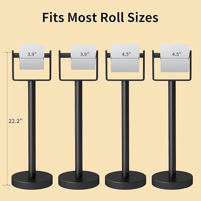 YUMORE Weighted Base Toilet Paper Holder, Stainless Steel Toilet Paper Stand, Free Standing Floor Tissue Roll Holder for Bathroom, Matte Black 200UP