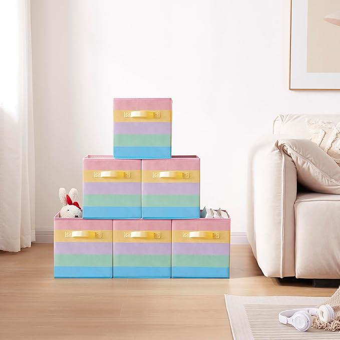 11 Inch Fabric Collapsible Storage Cubes,6 Pack Rainbow Colored Closet Storage Bins with 2 Handles Foldable Cube Baskets for Organizing Clothes, Toys, Books