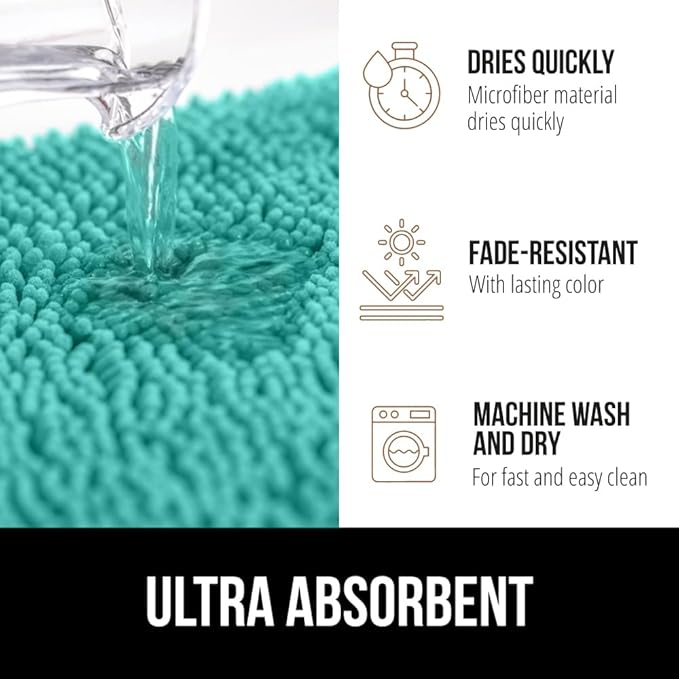 GORILLA GRIP Plush Absorbent Shaggy Chenille Bath Rug Mat for Oval Toilet Base with Rubber Backing, Machine Washable Rugs, Soft Microfiber Contour Mats for Toilets, Bathroom Decor, Turquoise