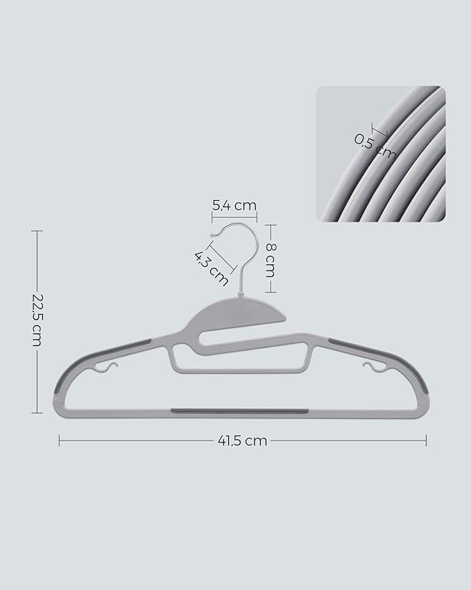 SONGMICS 100 Pack Coat Hangers, Heavy-Duty Plastic Suit Hangers, S-Shaped Opening, Space-Saving, 360º Swivel Hook, 16.3 Inches Wide, Light Gray and Dark Gray UCRP041G100