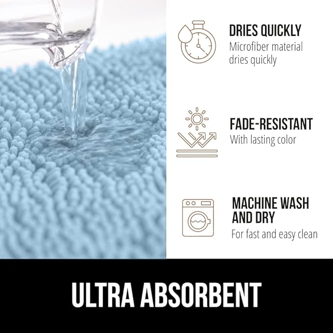 GORILLA GRIP Bath Rug Mat 30x20, Thick Soft Absorbent Chenille, Quick Dry Microfiber Mats, Rubber Backing Washable Shower Floor Rugs, US Designed Bathroom Bathmat Home Decor Accessories, Sky Blue