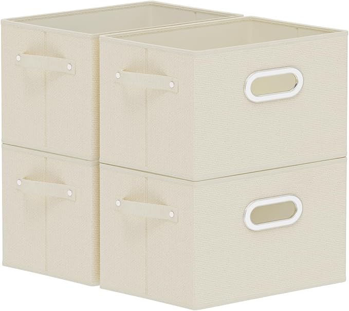 Foldable Cloth Basket with 3 Handles, Decorative Open Storage Boxes, Stackable Cube Organization, Fabric Bins for Shelves, Closet, Living Room, 10.2x7.9x6.7in, Beige, 4 Pack