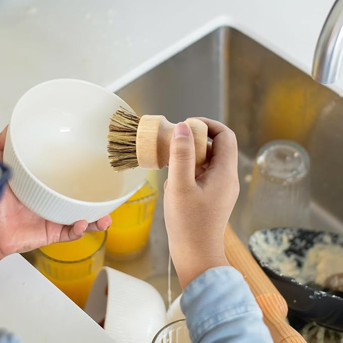 2 Pcs Dish Brush, Wood Dishes Scrub Brush, Pot Brush for Kitchen Cleaning Dishes Pots Pans (Sisal and Palm)