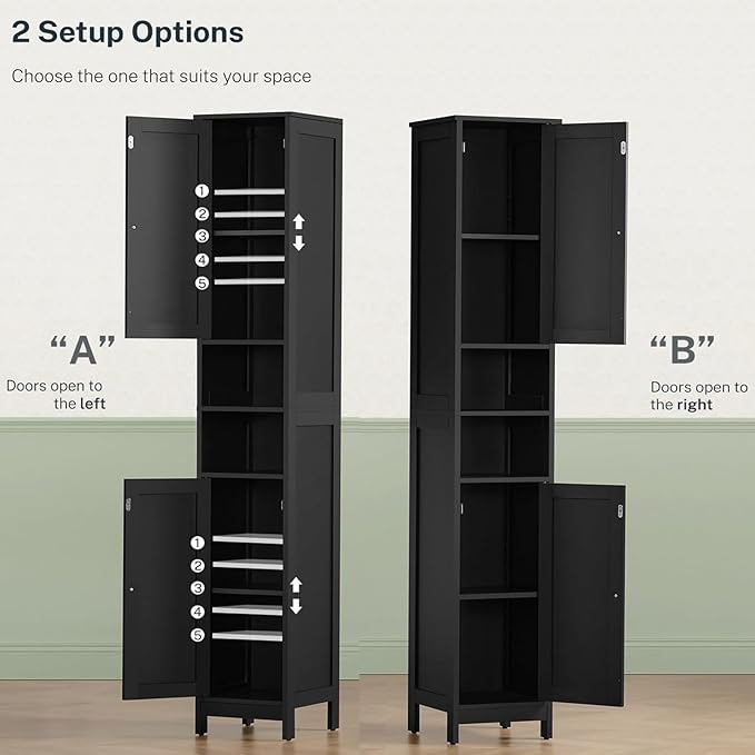 TEENFON 67" Tall Bathroom Cabinet with Adjustable Shelves and Doors, Narrow Bathroom Storage Cabinet for Small Space, Living Room, Entryway, Kitchen, Black