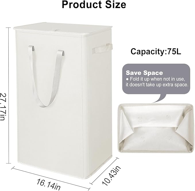 Odonata 75L Slim Laundry Hamper with Lid,Large Foldable Laundry Basket with Removable Bag and Handles Tall Collapsible Dirty Clothes Basket Great for Bedroom, Bathroom, Dorm, College,RV. (Beige, 75L)