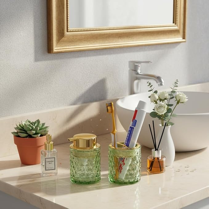Bathroom Accessories 2 Piece Set Glass Soap Dispenser and Toothbrush Holder, 10oz Foaming Soap Dispenser, Green Toothbrush and Toothpaste Holder Organizer Cup for Modern Bathroom Decor