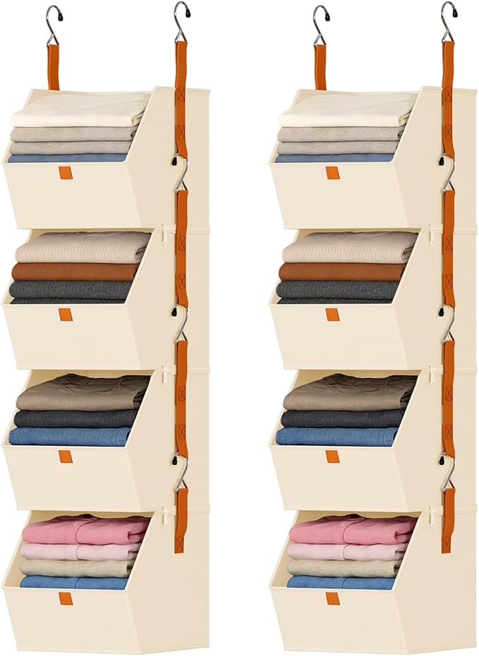 DIMJ Hanging Closet Organizer - 4 Tier Collapsible Hanging Shelves with Hooks Zipper, Fabric Clothes Organizer, Space-Saving Storage Bin Basket for RV, Bedroom, Laundry Organization