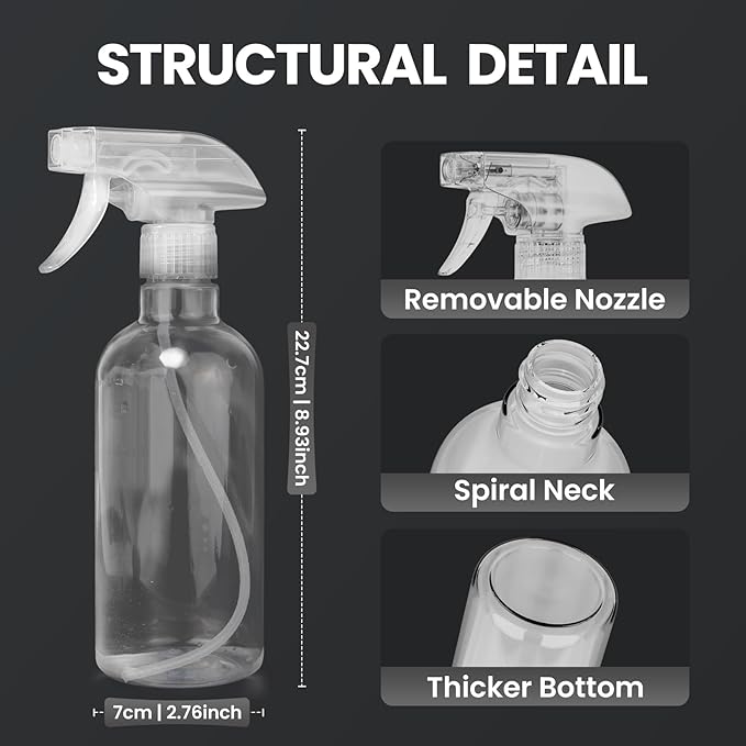 DIYSELF 2 Pack Spray Bottles for Cleaning 16.9 oz/500 ml Water Empty Spray Bottle Heavy Duty Plastic Clear Squirt Mist Spray Bottle with Nozzle for Hair Plants Pets Alcohol Sprayer Weighing Bottles