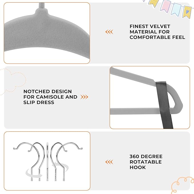 Velvet Baby Hangers with Clips (30 Pack) | 11” Ultra-Slim Baby Clothes Hangers | Non-Slip Felt | Space-Saving Nursery & Infant Closet Organizer | Gray