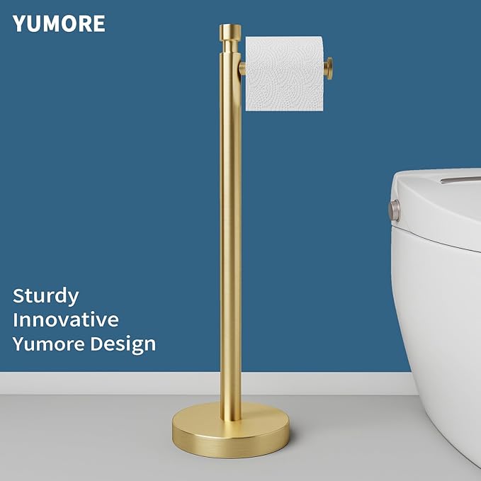 YUMORE Toilet Paper Holder Stand Freestanding, Weighted and Sturdy Stainless Steel Design with Non-Slip Cap, Gold Rustproof Tissue Roll Holder for Modern Bathroom, RV