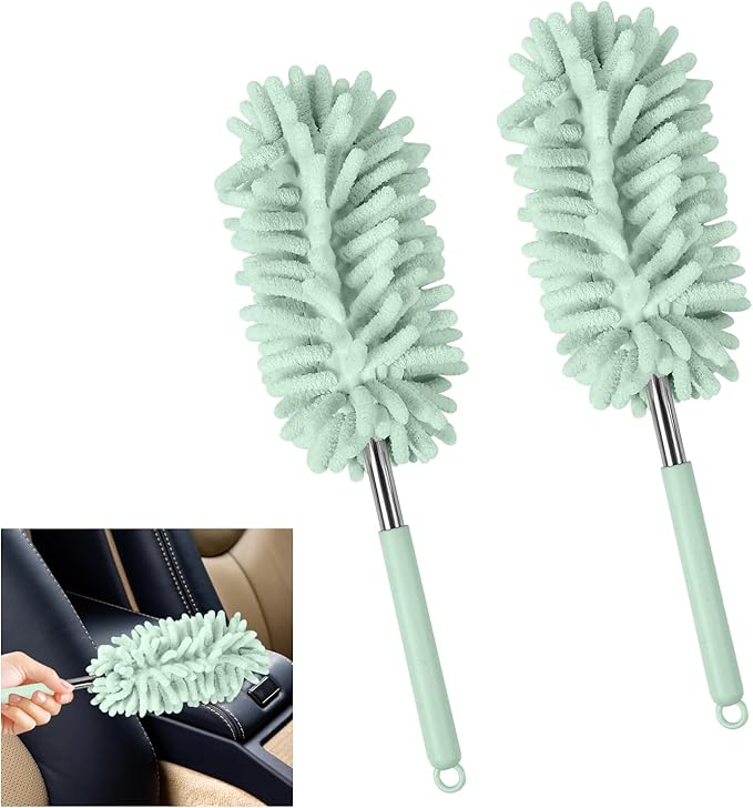 2PCS Car Interior Duster with Extension Pole, Soft Chenille Microfiber Duster for Cleaning, Scratch Free & Lint-Free, Washable Cleaning Brushes for Vehicle Details, Home, Office (Green)