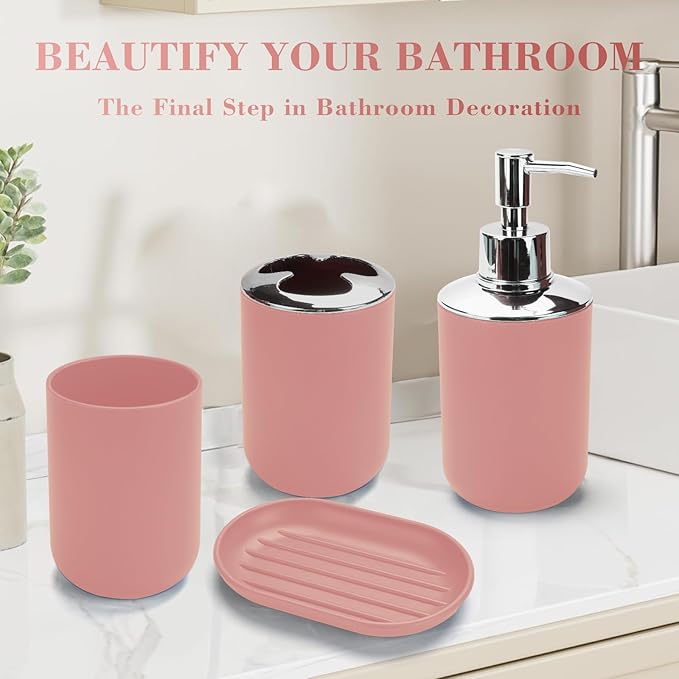 4 Pcs Pink Bathroom Accessories Set,Bohemian Bathroom Toothbrush Holder Set.Include Soap Dispenser, Soap Dish, Toothbrush Holder, Mouthwash Cup, Modern Bahtroom Decor Set