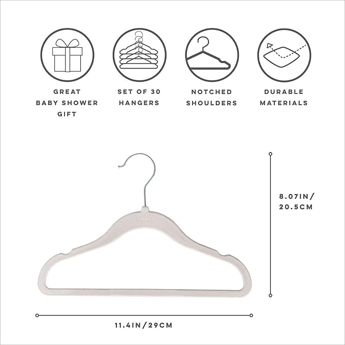 3 Sprouts Velvet Baby Hangers - Non-Slip Hanger for Infant, Toddler, Baby Clothes - Closet Kids Hangers with Slim Design, Nordic Colors (Gray - Pack of 30, Pack of 30)