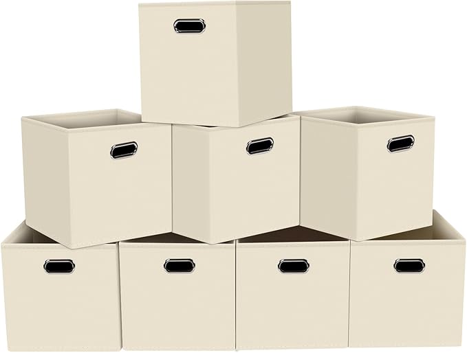 Fabric storage bins Cubes, Fabric Cube Organizer with Handle, Foldable Cube Bins for Cloth or Accessary Storage, 11x11x11, Set of 8, (Creamy White)