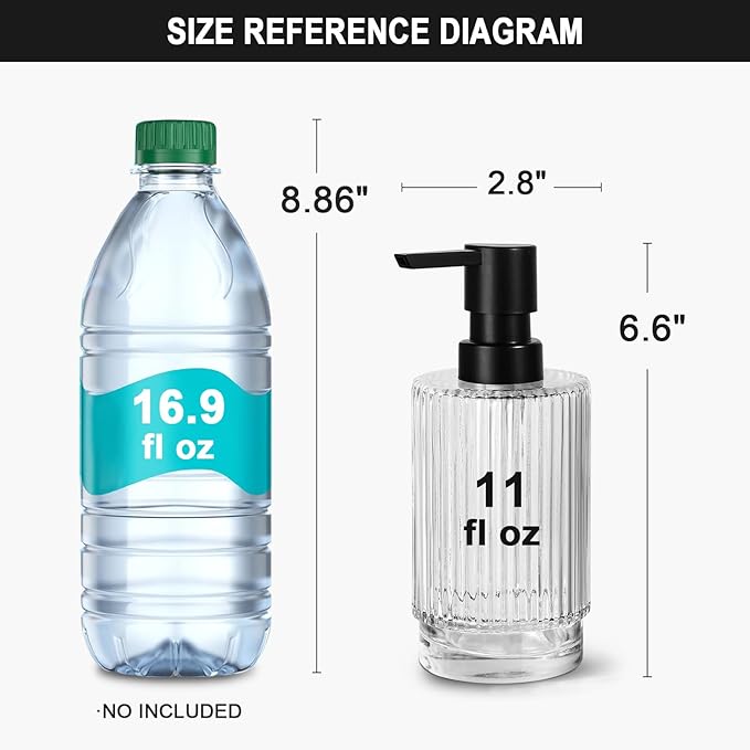 Glass Soap Dispenser with Pump, 2 Pack 11 fl oz Clear Hand Soap Dispensers for Bathroom, Ribbed Style Dish Soap Dispenser for Kitchen, Modern Refillable Liquid Soap Pump Bottle