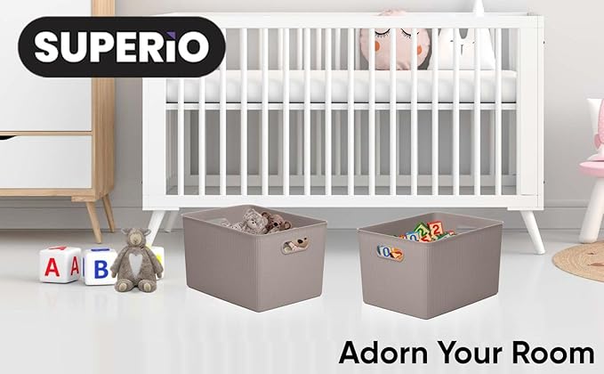 Decorative Plastic Basket Open Home Storage Bins Organizer, X-Large Taupe (2 Pack) Container Boxes for Organizing Closet Storage Bins for Shelves Drawer Shelf - Ribbed Collection 22 Liter/23 Quart