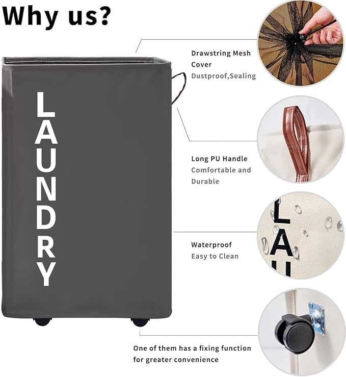 92L Extra Large Laundry Hamper with Leather Handle,Standable Laundry Basket with Wheels Laundry Hamper on Wheels,Large Hamper,Rolling Laundry Basket Grey